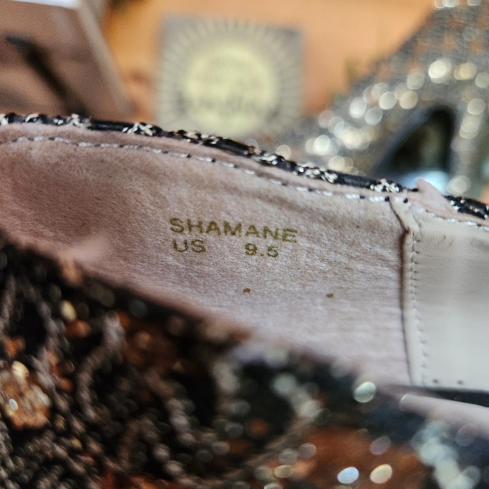 Shoedazzle Shamane Sequin Platform Heels‎ Black Gold Stiletto Suede Pumps Sz 9.5 - Picture 10 of 11